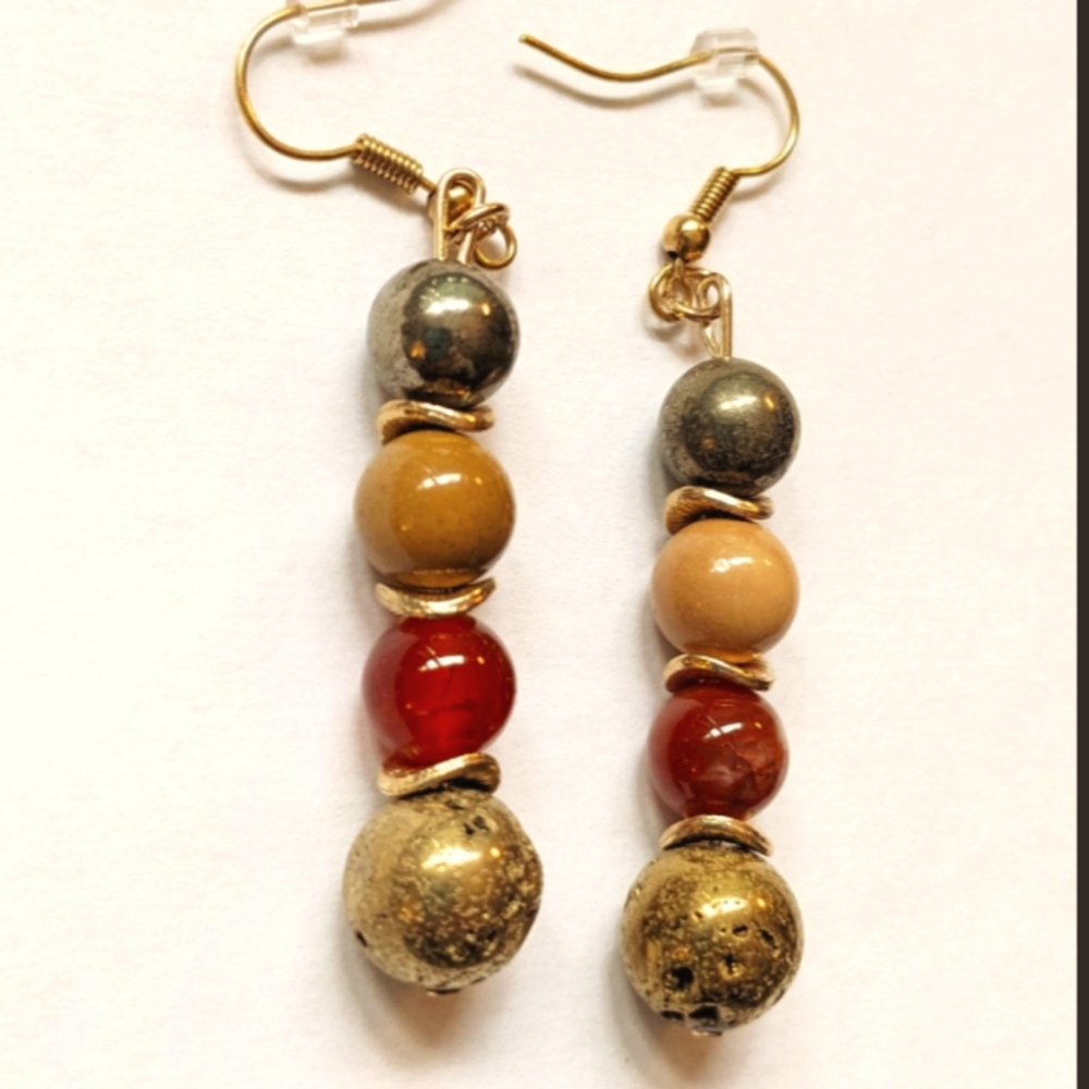 Layered Gold Metal, Yellow Jasper, and Orange Quartz Earrings